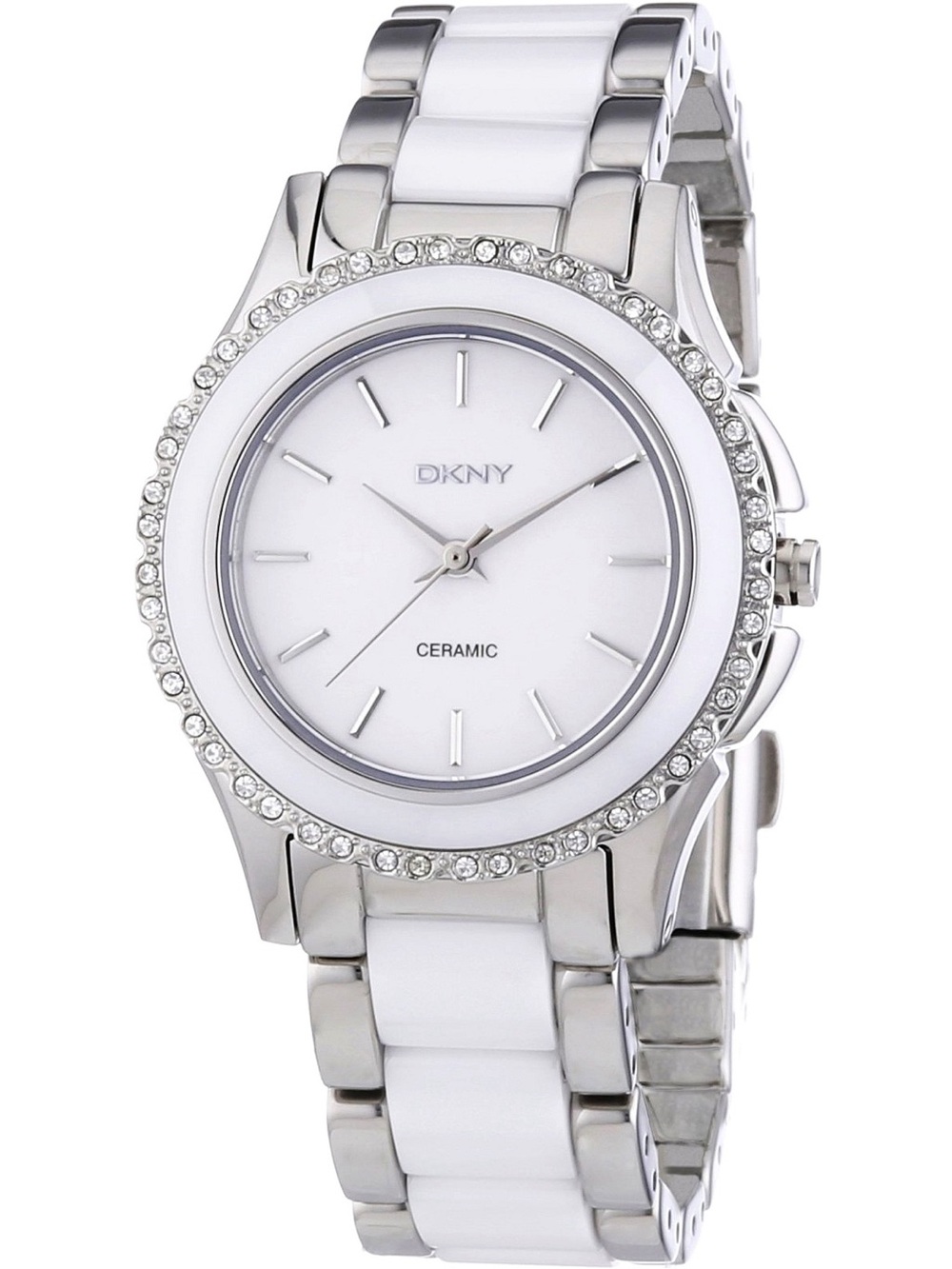 DKNY White & Silver Ceramic Crystal Bezel Ladies Watch